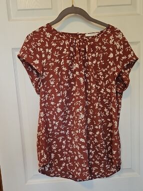 Fun 2 Fun Rust Brown Floral Cap-Sleeve Blouse Size Medium